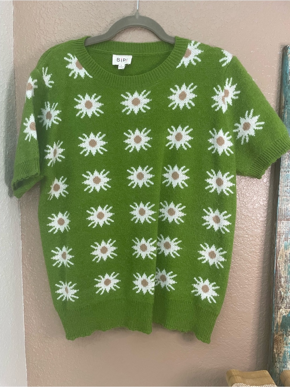 BIBI Green Daisy Knit Short Sleeve Sweater - Picture 1 of 3